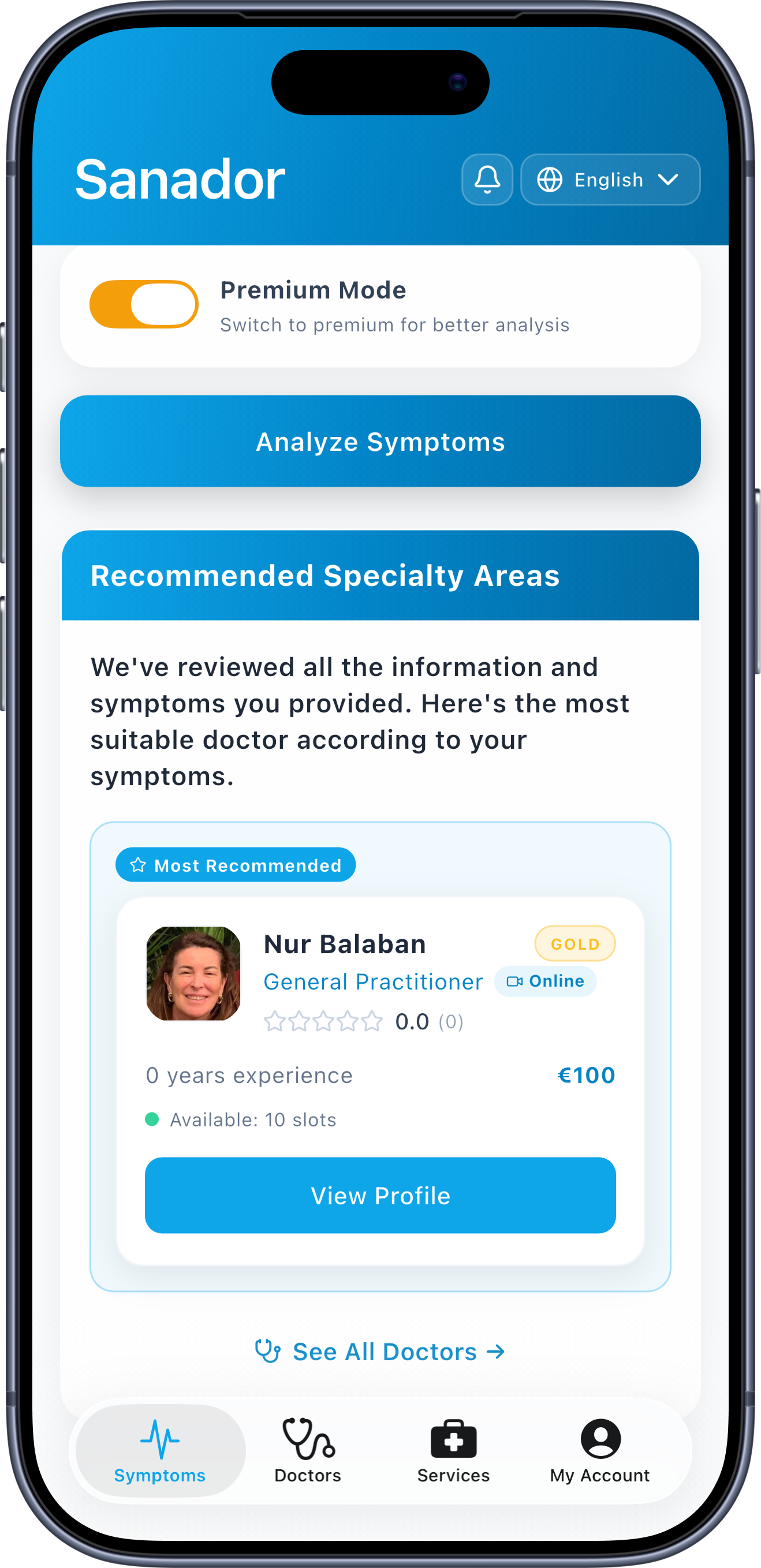 Sanador app — symptom analysis recommending the best-matched doctor